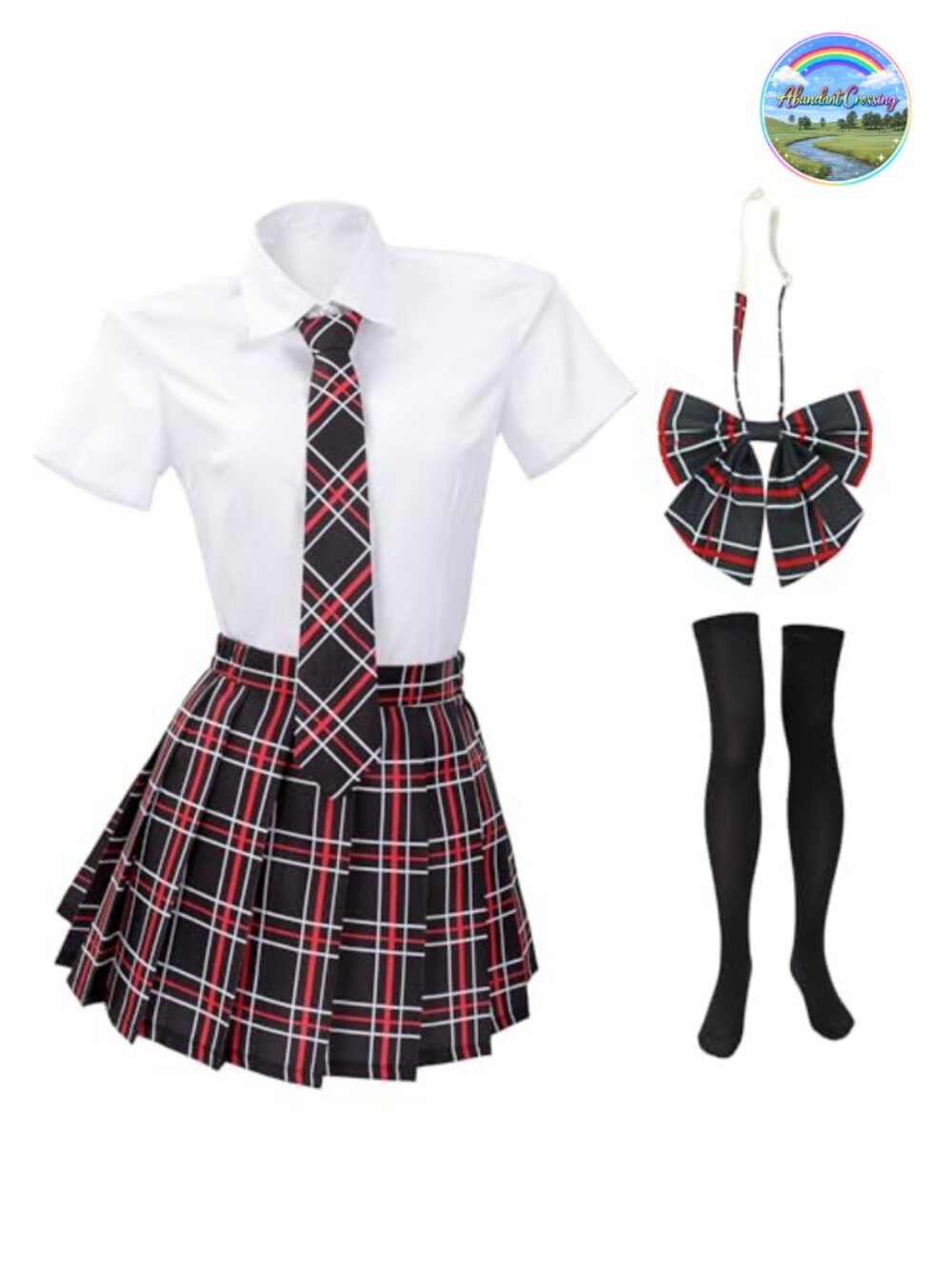 Japanese Schoolgirl Uniform Costume Set with Plaid Bow Tie & Socks